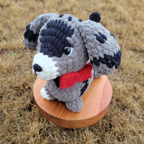 Caramel Crochet Dachshund Plush – Winnie Dog Stuffed Animal with Red Bow Collar