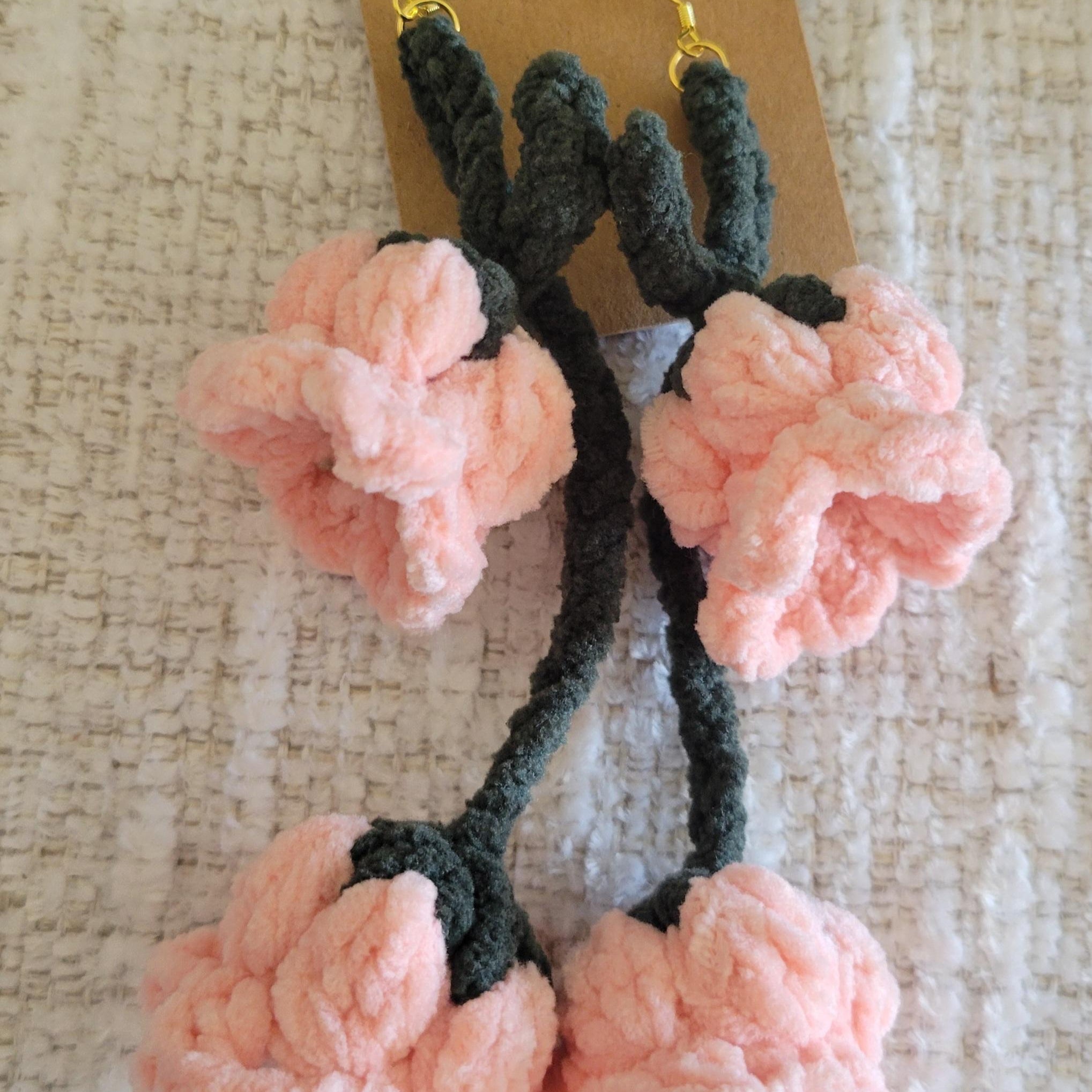 Crochet Tulip Flower Dangle Earrings - Chenille Floral Earrings - 925 Sterling Silver Hooks