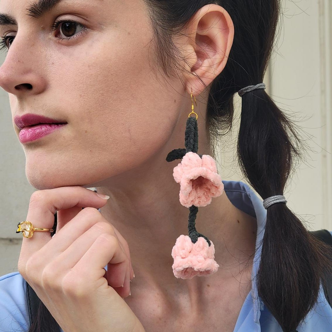 Crochet Tulip Flower Dangle Earrings - Chenille Floral Earrings - 925 Sterling Silver Hooks