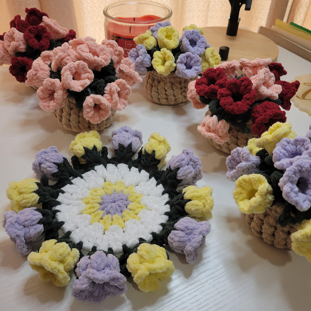 Crochet Flower Coaster with Basket - Floral Design | Handmade Home Décor