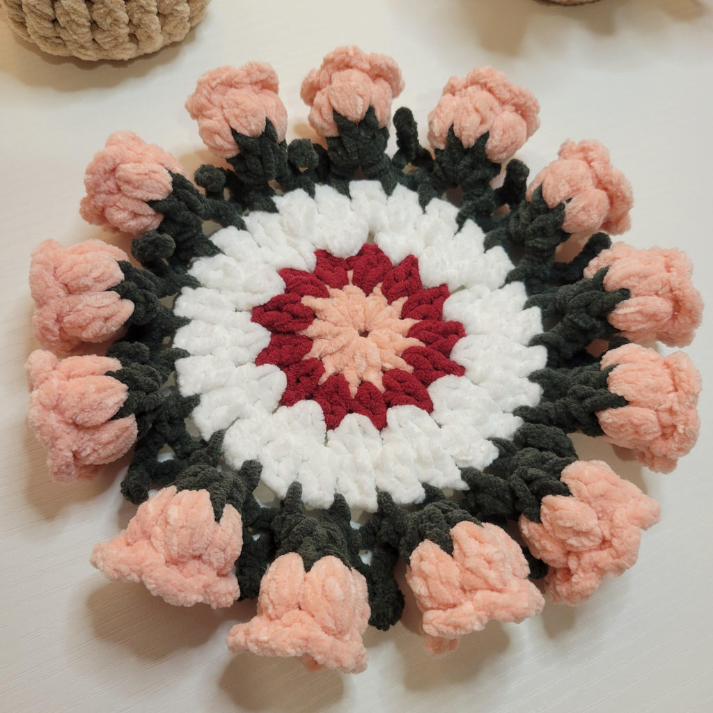 Crochet Flower Coaster with Basket - Floral Design | Handmade Home Décor