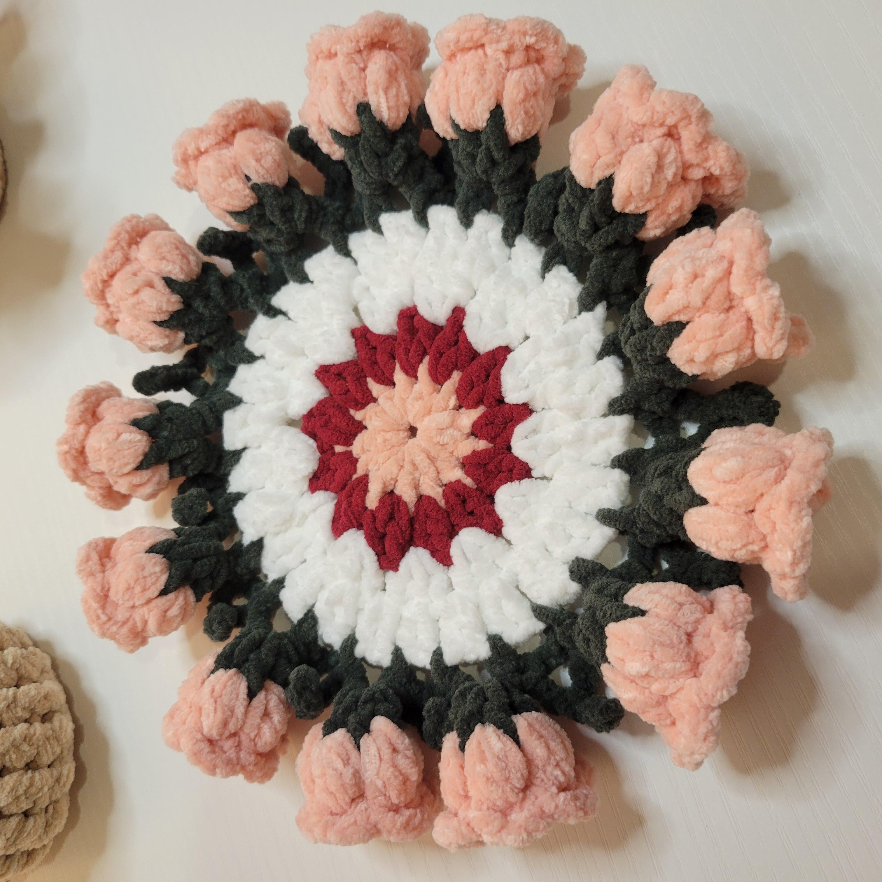 Crochet Flower Coaster with Basket - Floral Design | Handmade Home Décor