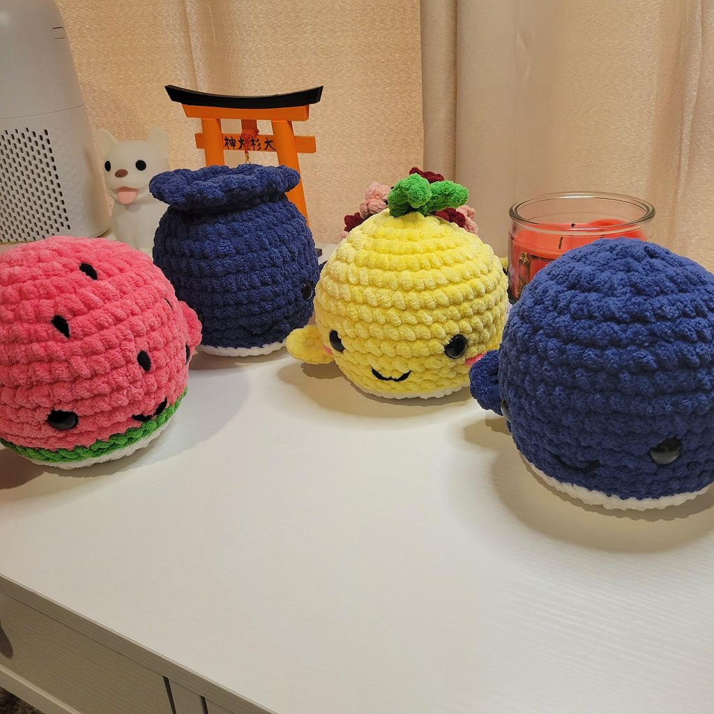 Crochet Fruit Whale Plushy - Amigurumi Toy - Kawaii Sea Animal & Food Plushie