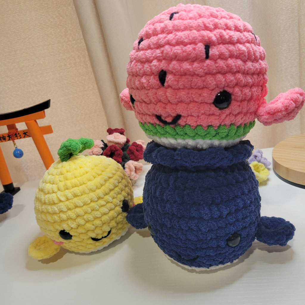 Crochet Fruit Whale Plushy - Amigurumi Toy - Kawaii Sea Animal & Food Plushie