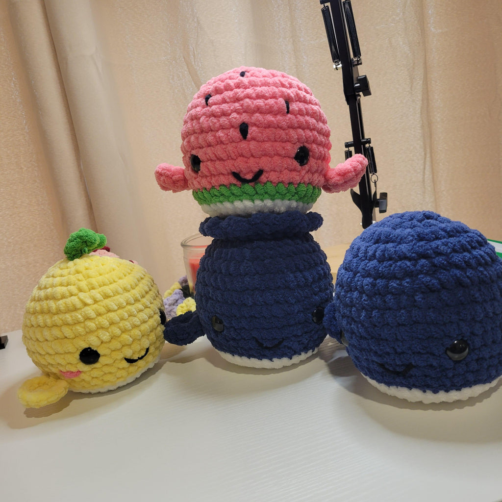 Crochet Fruit Whale Plushy - Amigurumi Toy - Kawaii Sea Animal & Food Plushie