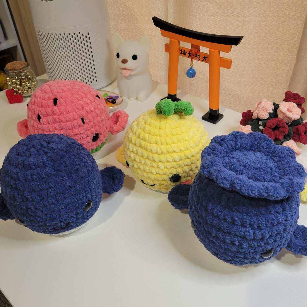 Crochet Fruit Whale Plushy - Amigurumi Toy - Kawaii Sea Animal & Food Plushie