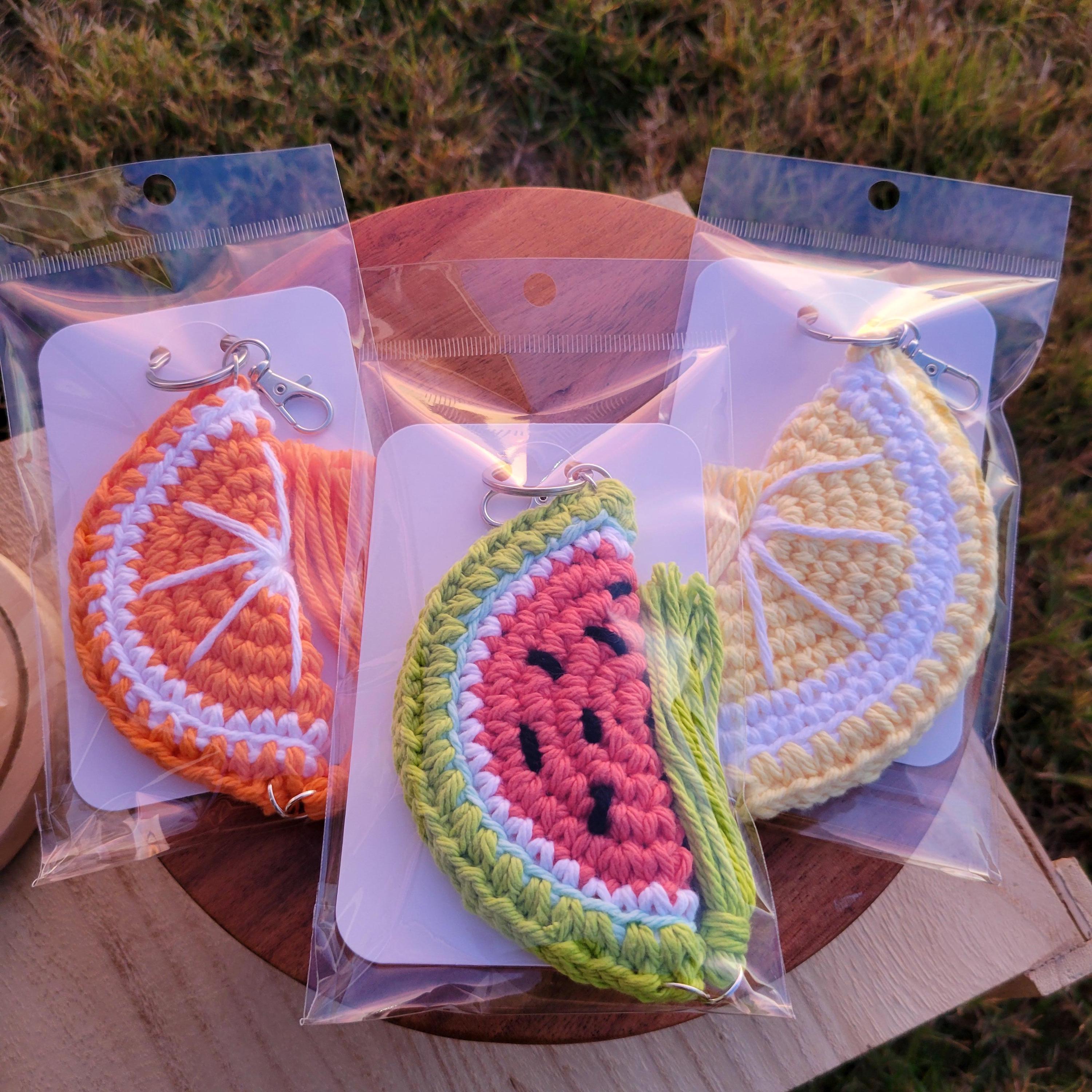 Crocheted Fruit Slice Keychains – Watermelon, Lemon, Orange Cotton Charms