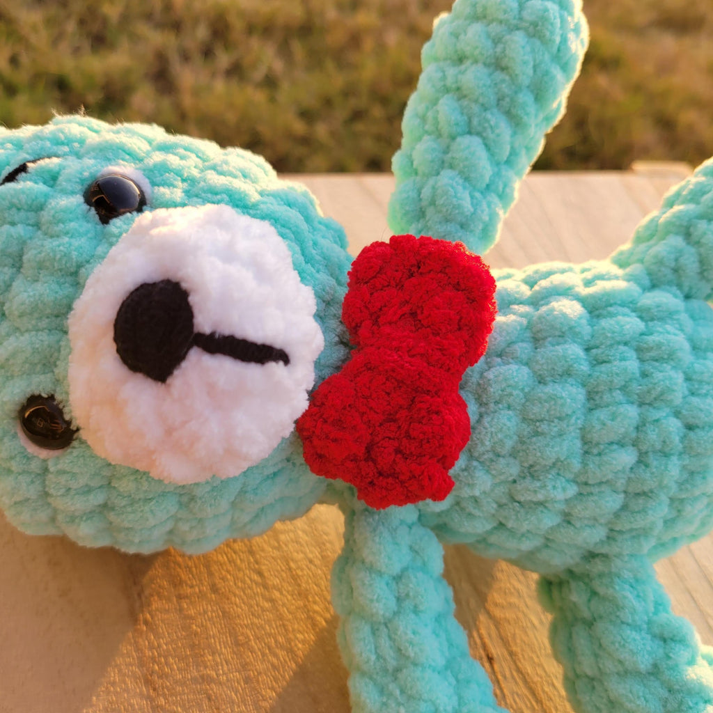 Crochet Bear Plush with Red Bow, Soft Chenille Amigurumi, Colorful Stuffed Animal, Kawaii Gift