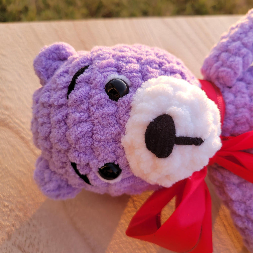 Crochet Bear Plush with Red Bow, Soft Chenille Amigurumi, Colorful Stuffed Animal, Kawaii Gift