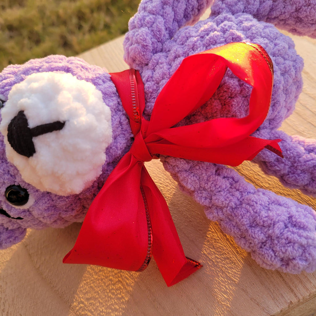 Crochet Bear Plush with Red Bow, Soft Chenille Amigurumi, Colorful Stuffed Animal, Kawaii Gift