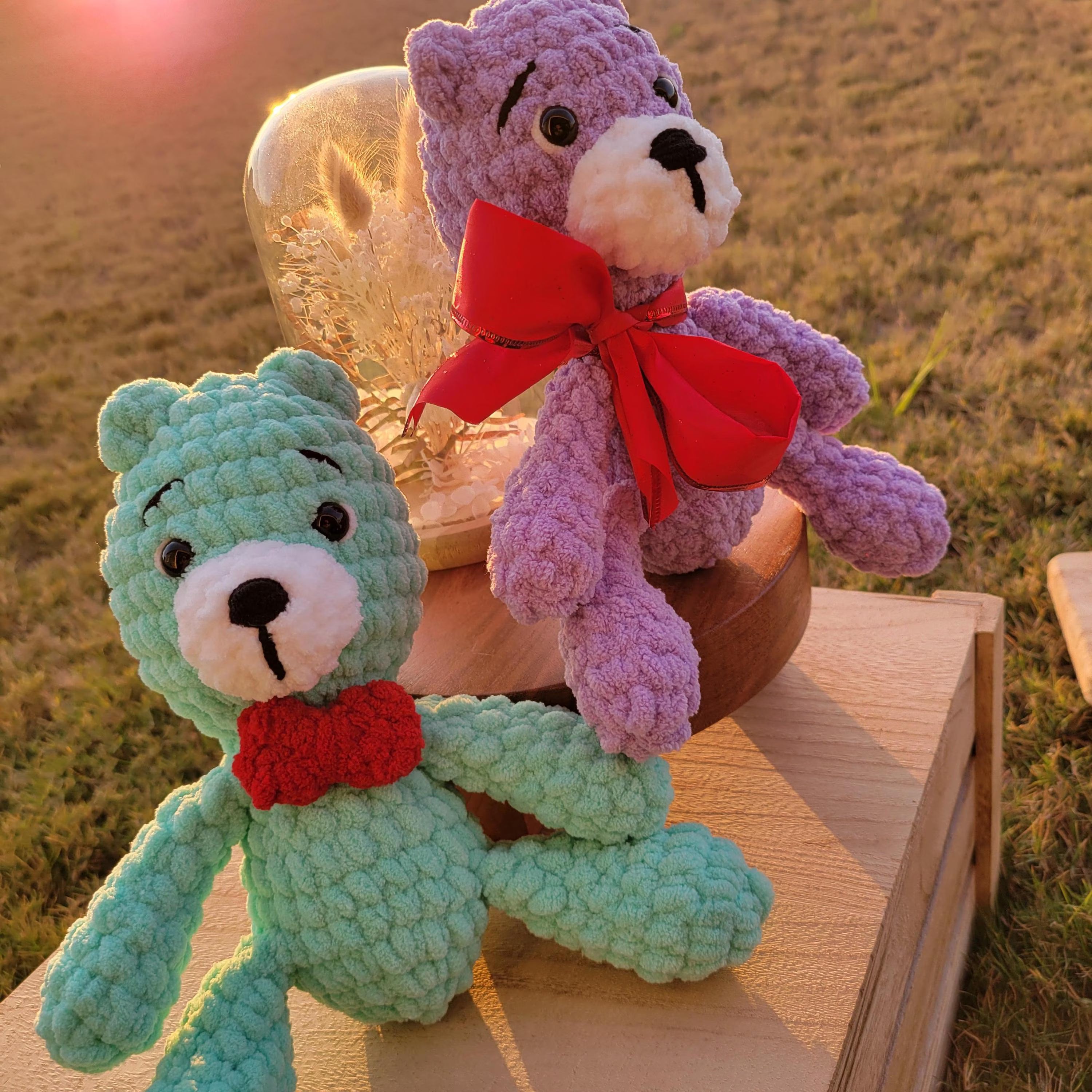 Crochet Bear Plush with Red Bow, Soft Chenille Amigurumi, Colorful Stuffed Animal, Kawaii Gift