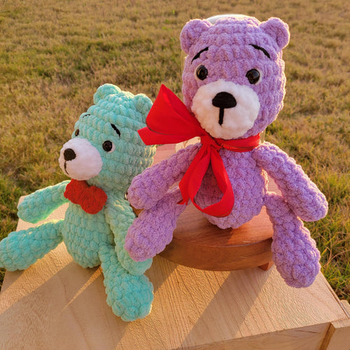 Crochet Bear Plush with Red Bow, Soft Chenille Amigurumi, Colorful Stuffed Animal, Kawaii Gift