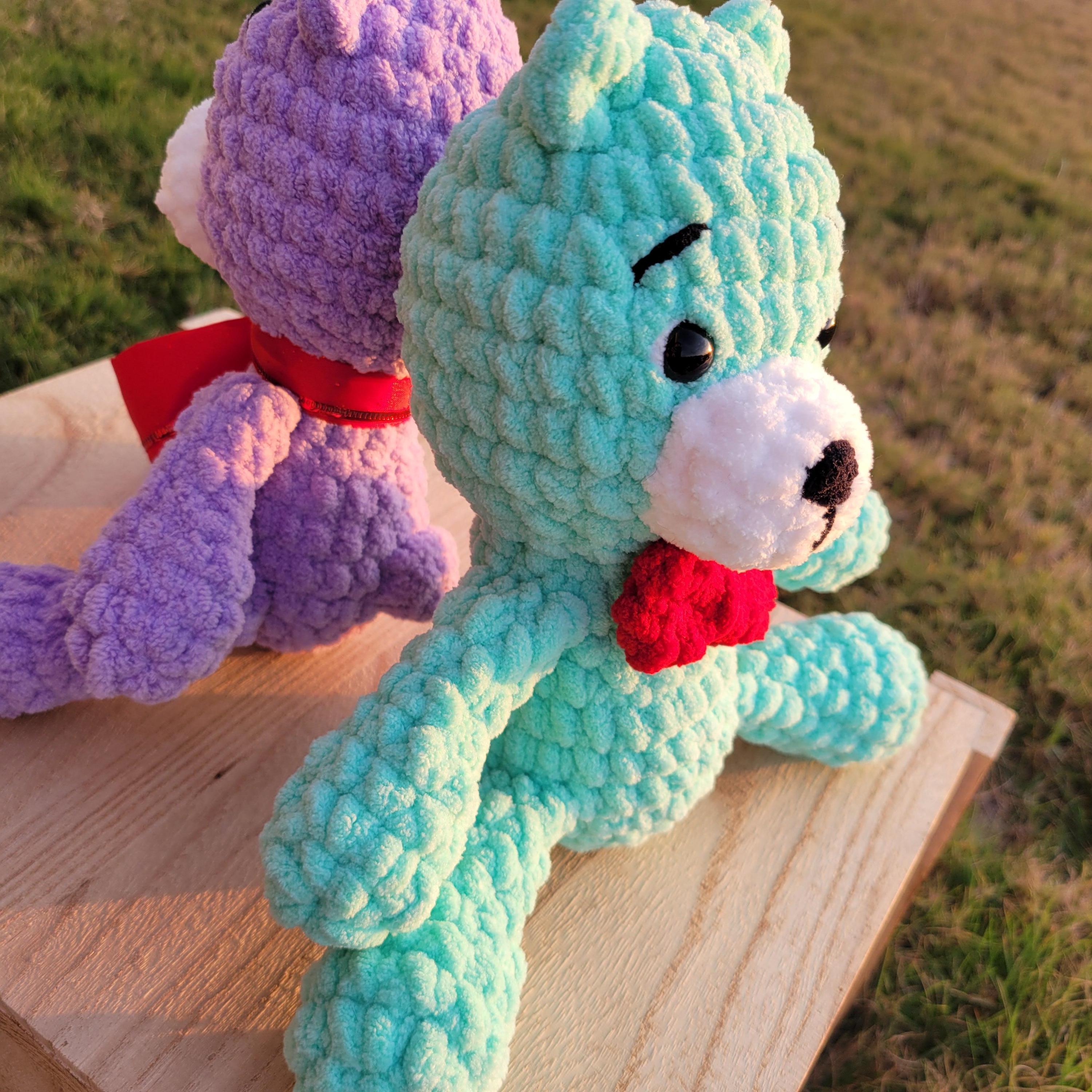 Crochet Bear Plush with Red Bow, Soft Chenille Amigurumi, Colorful Stuffed Animal, Kawaii Gift