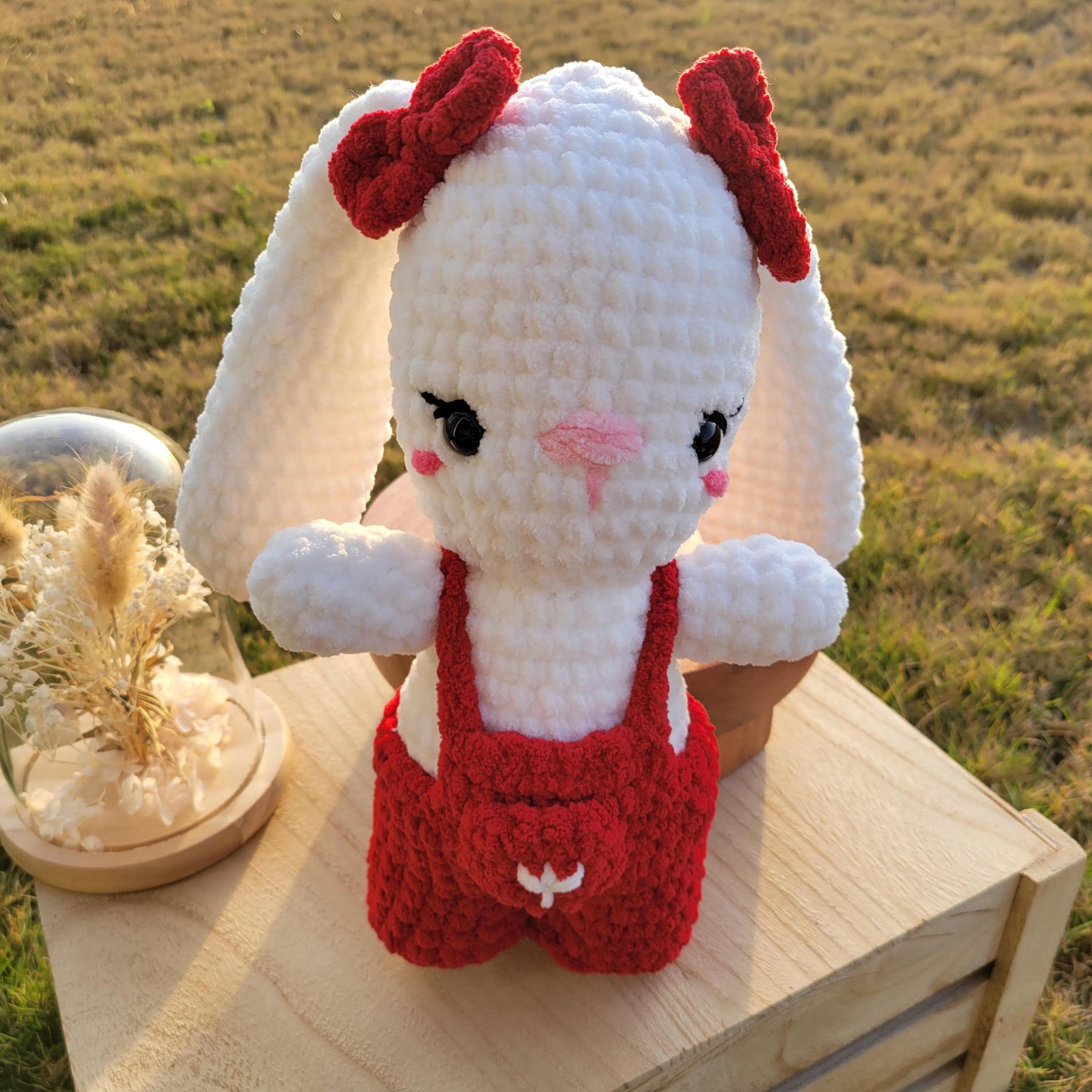 Crochet Bunny Plush Toy – Amigurumi Rabbit with Red Jumper and Bows