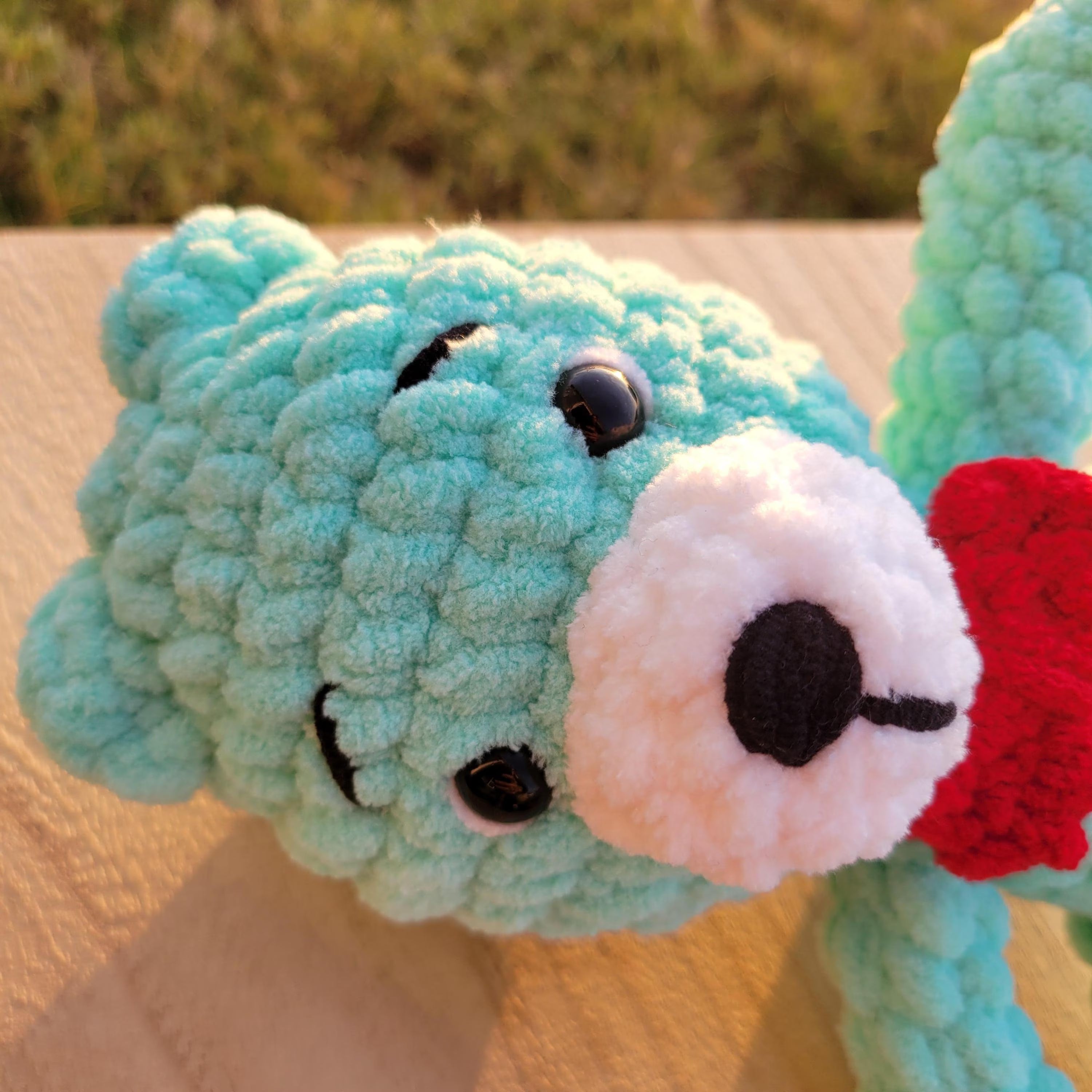 Crochet Bear Plush with Red Bow, Soft Chenille Amigurumi, Colorful Stuffed Animal, Kawaii Gift