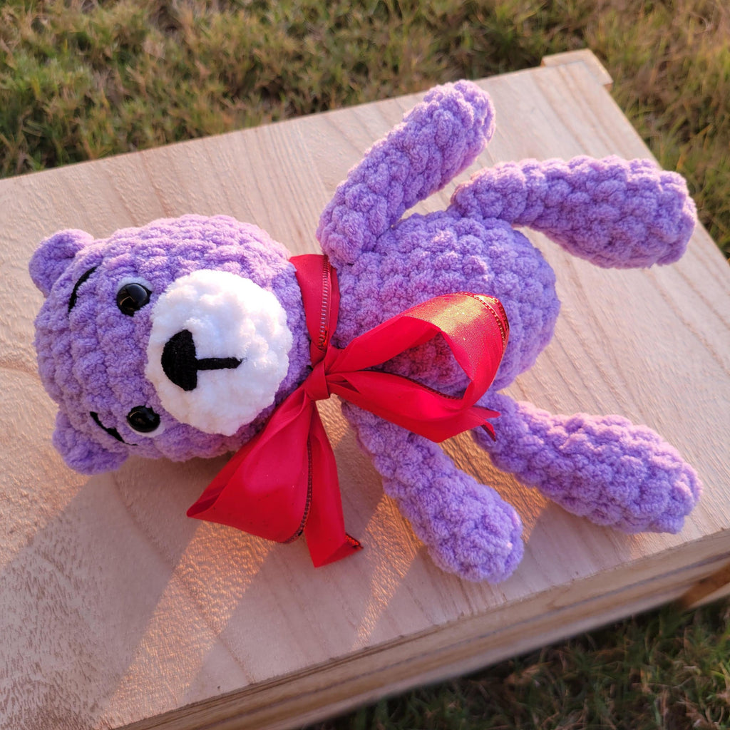 Crochet Bear Plush with Red Bow, Soft Chenille Amigurumi, Colorful Stuffed Animal, Kawaii Gift