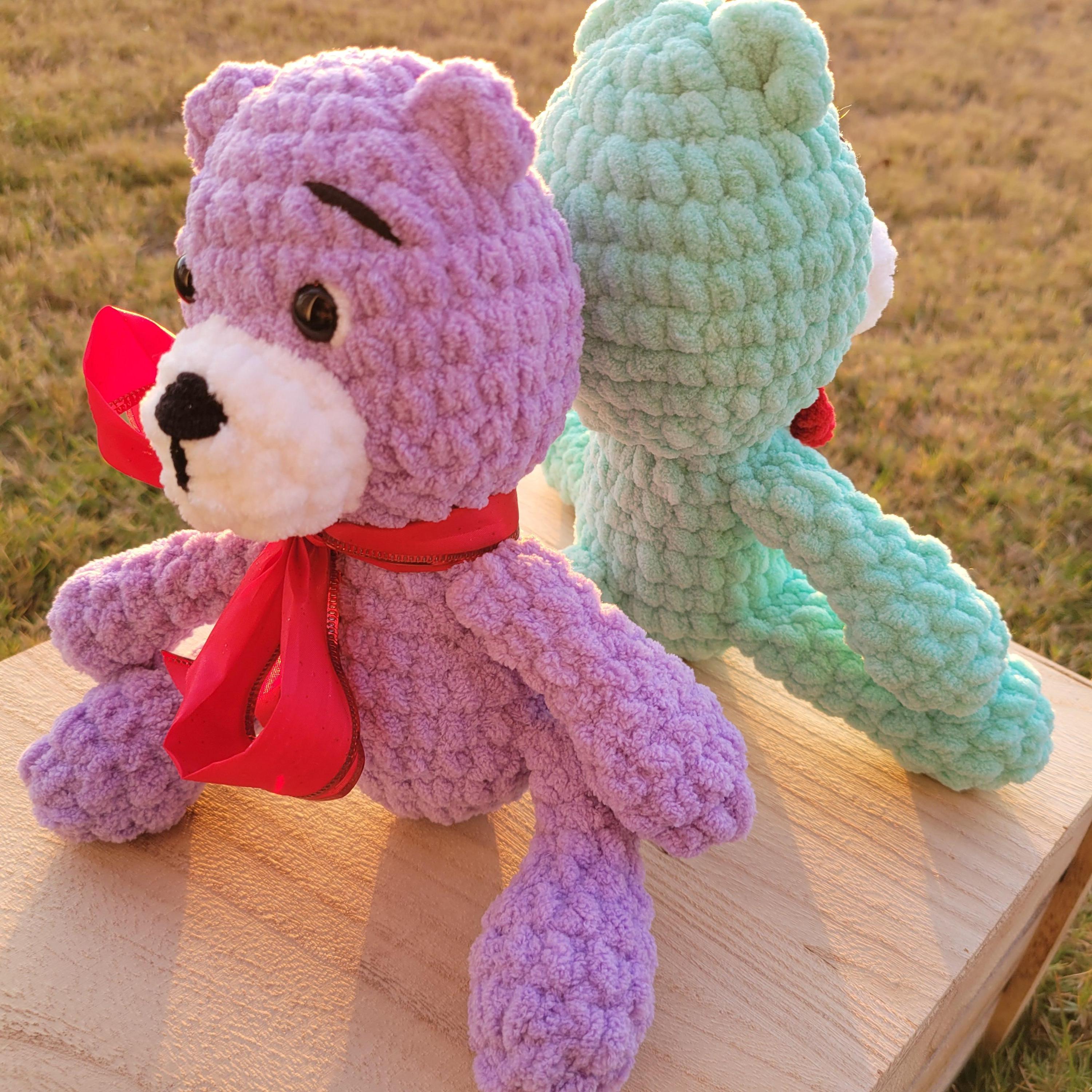 Crochet Bear Plush with Red Bow, Soft Chenille Amigurumi, Colorful Stuffed Animal, Kawaii Gift