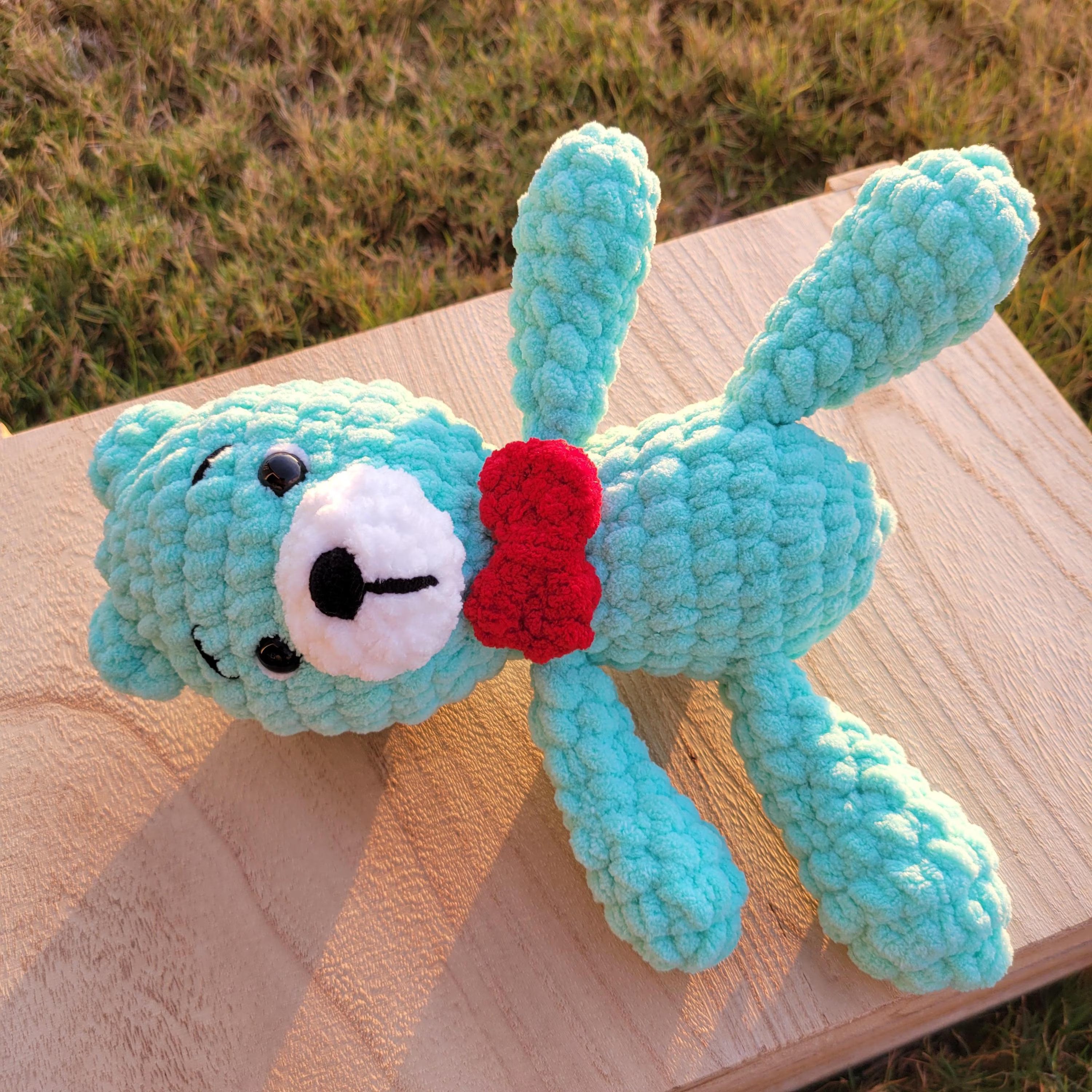 Crochet Bear Plush with Red Bow, Soft Chenille Amigurumi, Colorful Stuffed Animal, Kawaii Gift