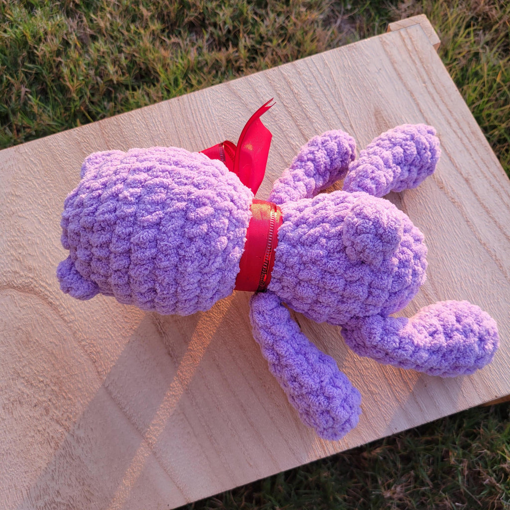 Crochet Bear Plush with Red Bow, Soft Chenille Amigurumi, Colorful Stuffed Animal, Kawaii Gift