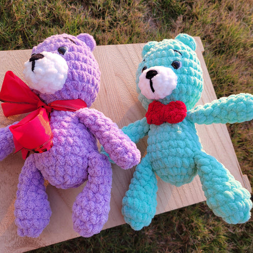 Crochet Bear Plush with Red Bow, Soft Chenille Amigurumi, Colorful Stuffed Animal, Kawaii Gift