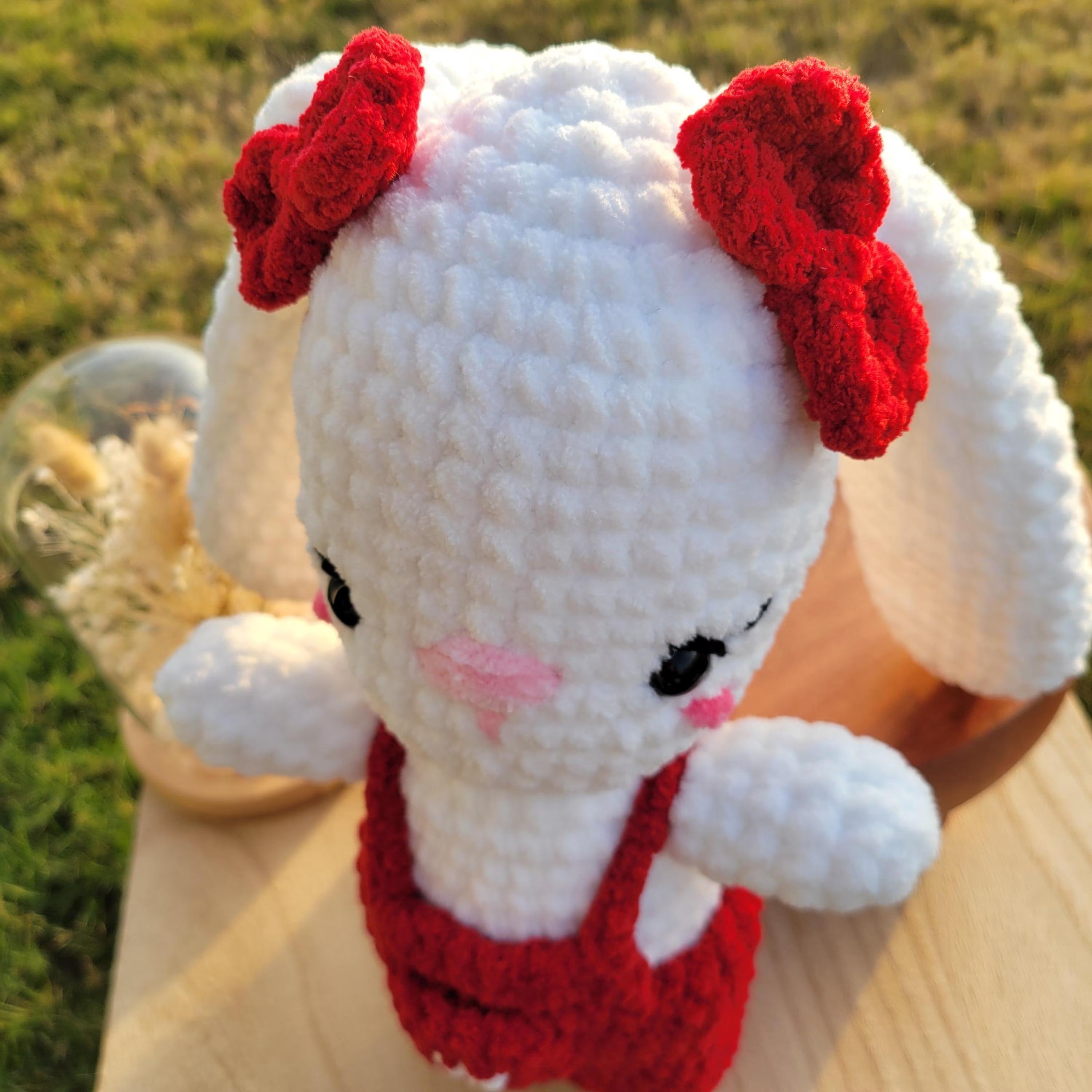 Crochet Bunny Plush Toy – Amigurumi Rabbit with Red Jumper and Bows