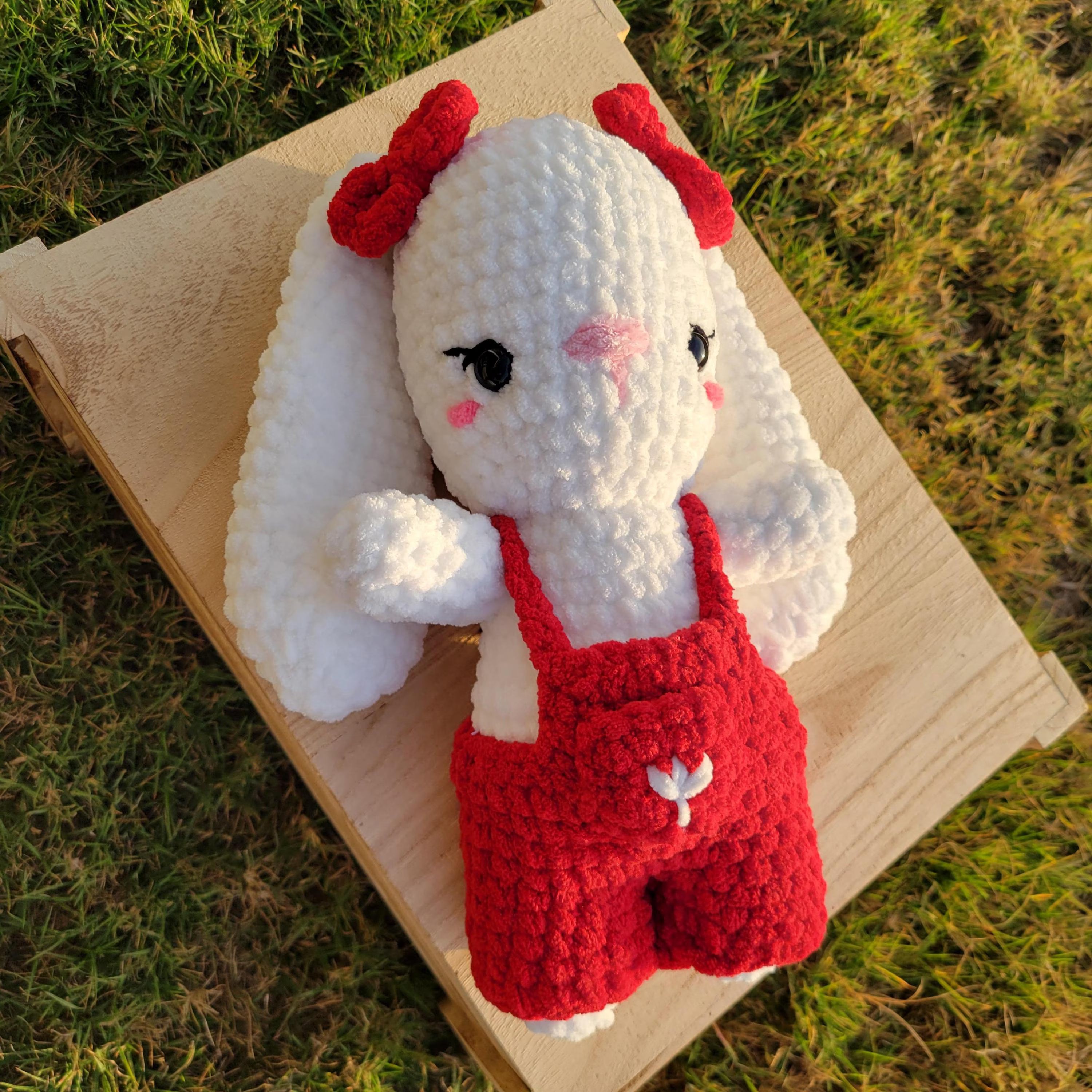 Crochet Bunny Plush Toy – Amigurumi Rabbit with Red Jumper and Bows