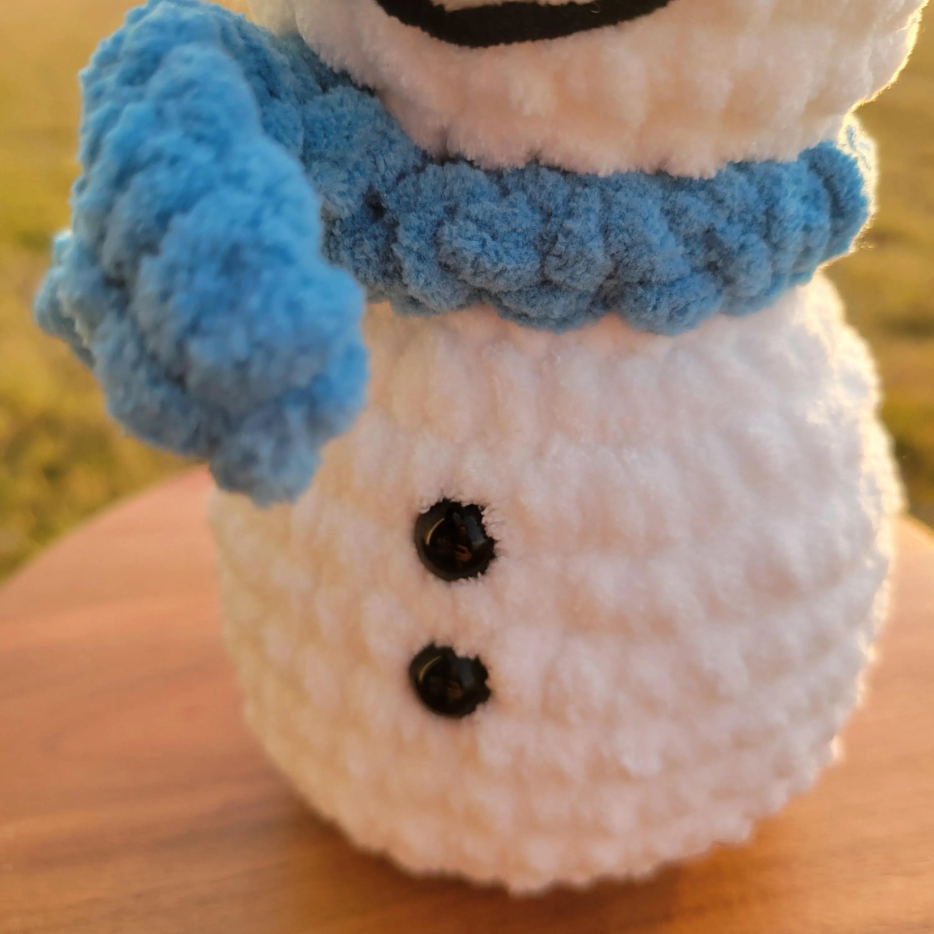 Crochet Snowman Plushy – Amigurumi Snowman with Blue Scarf – Winter Stuffed Holiday Decor 
