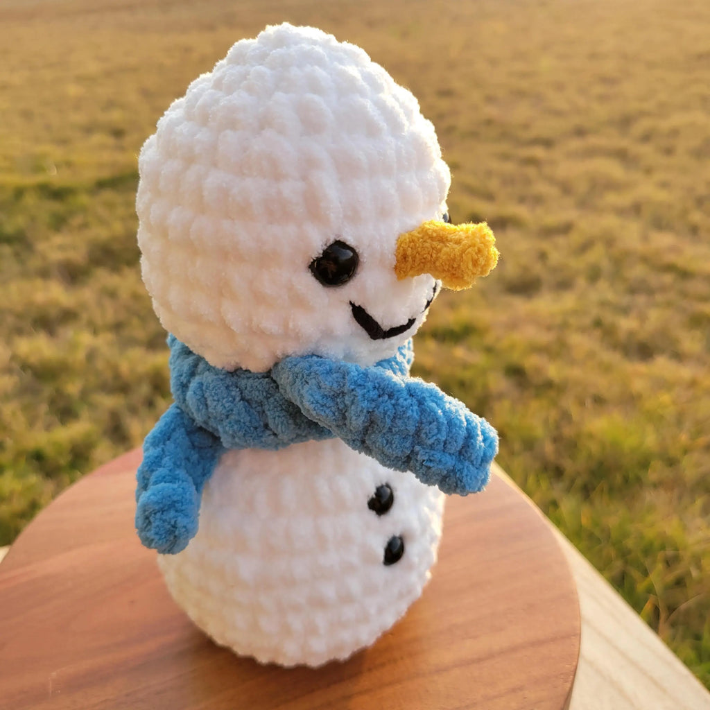 Crochet Snowman Plushy – Amigurumi Snowman with Blue Scarf – Winter Stuffed Holiday Decor 