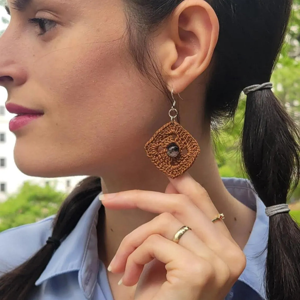 Handmade Square Crochet Dangling Earrings – Geometric Boho Cotton Jewelry (1.5'')