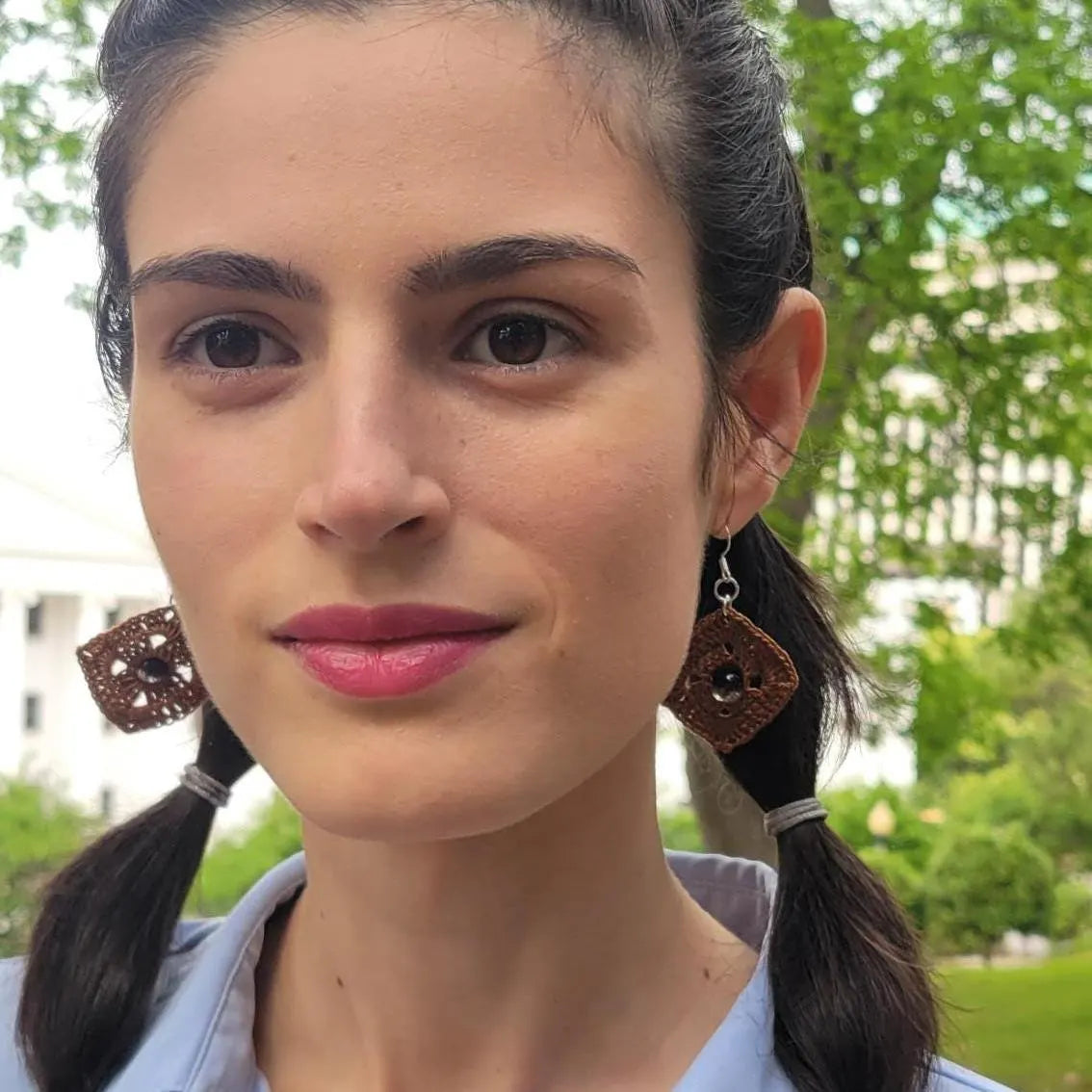 Handmade Square Crochet Dangling Earrings – Geometric Boho Cotton Jewelry (1.5'')