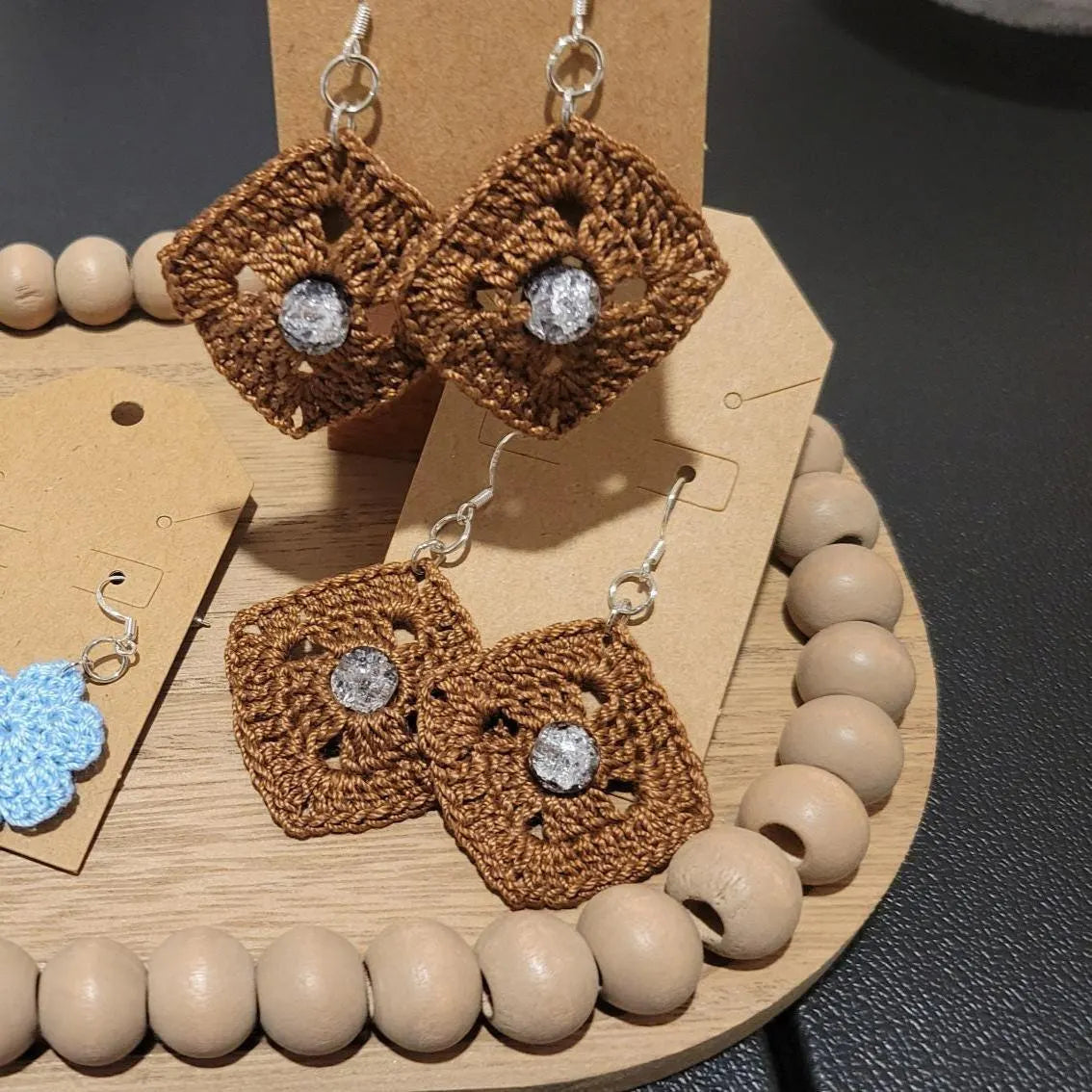 Handmade Square Crochet Dangling Earrings – Geometric Boho Cotton Jewelry (1.5'')