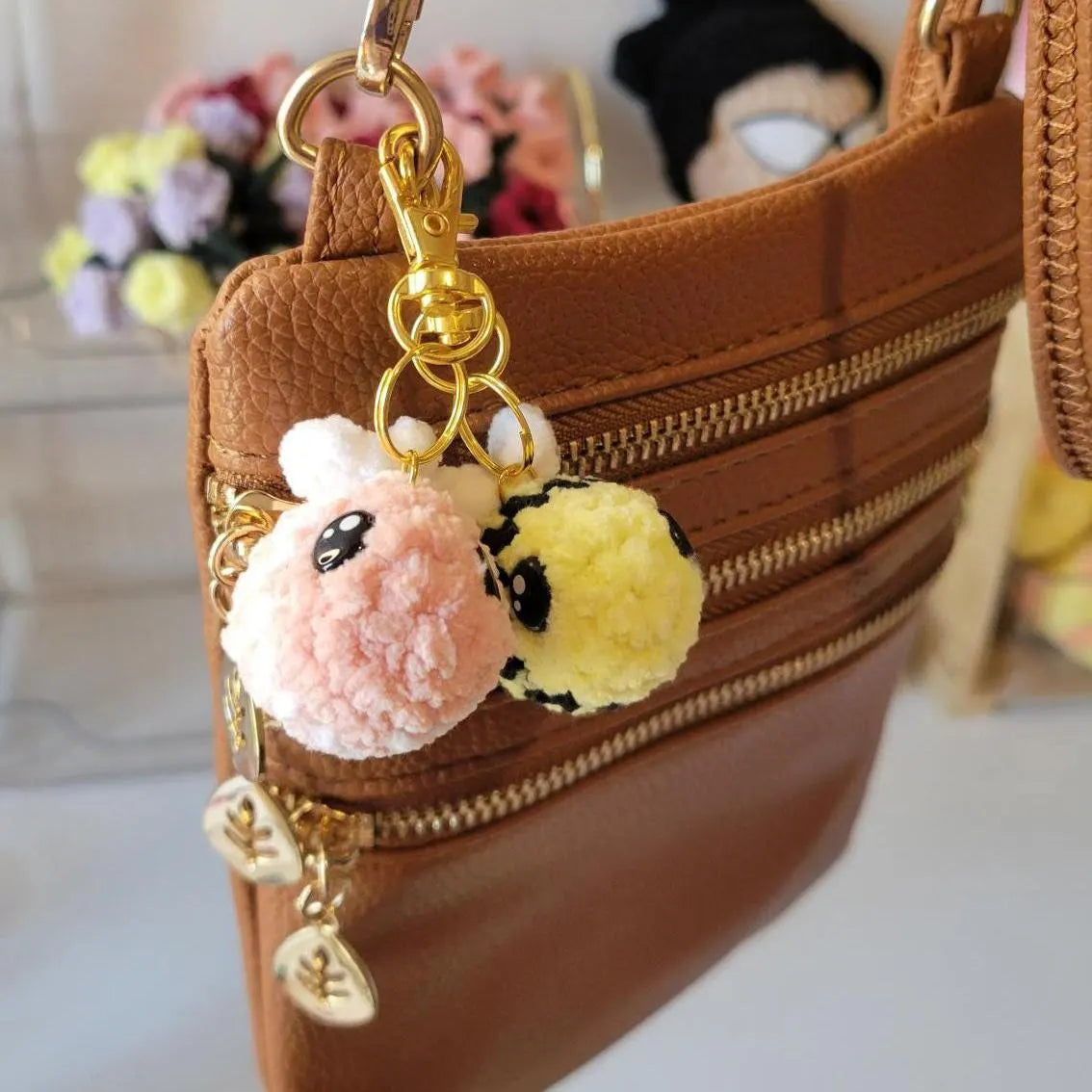 Crocheted Chenille Bee Keychain – Amigurumi Plush Desk Pet Accessory