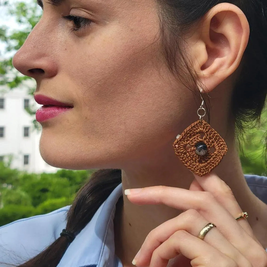 Handmade Square Crochet Dangling Earrings – Geometric Boho Cotton Jewelry (1.5'')