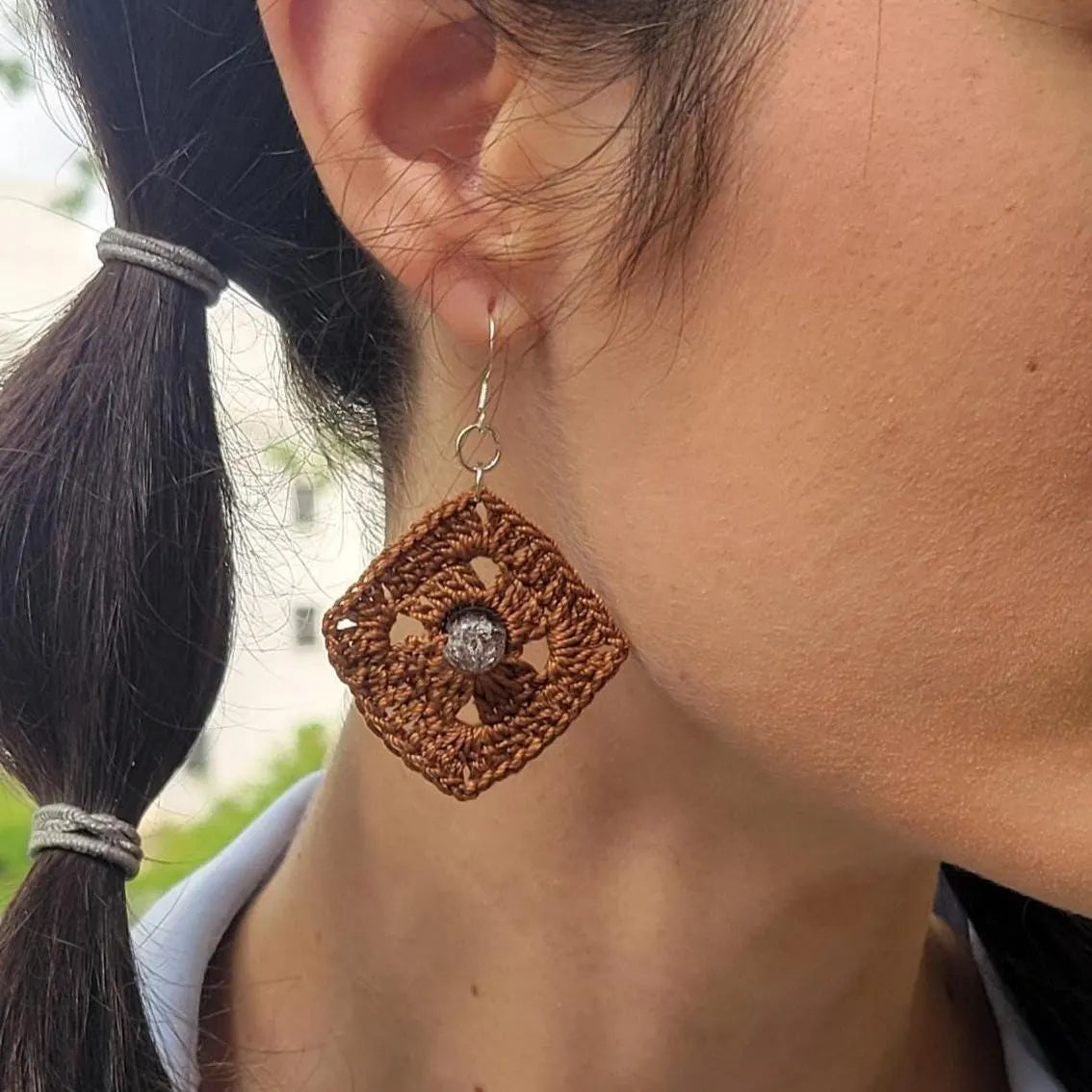 Handmade Square Crochet Dangling Earrings – Geometric Boho Cotton Jewelry (1.5'')