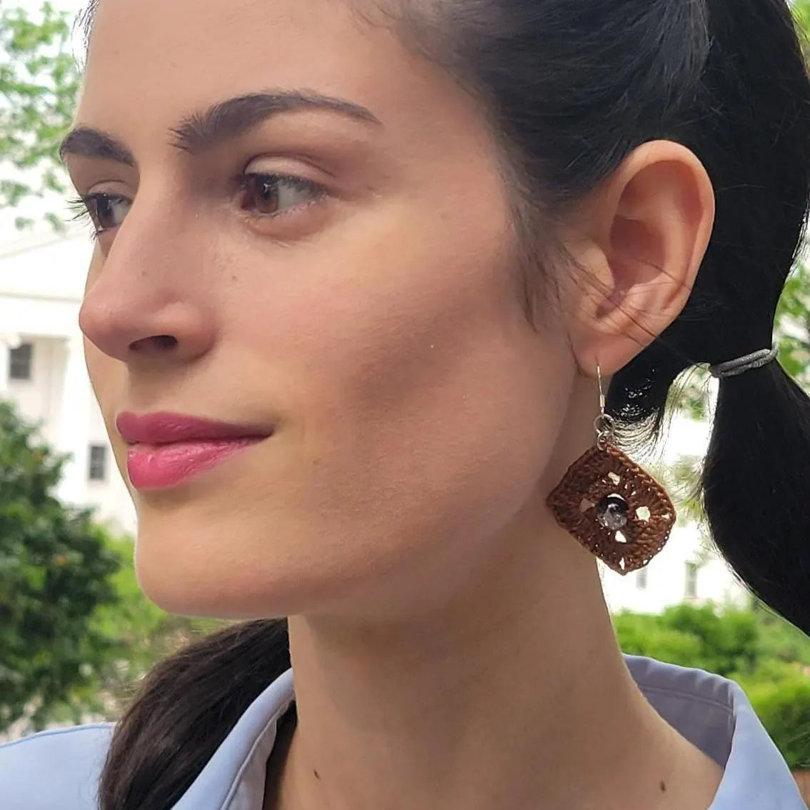 Handmade Square Crochet Dangling Earrings – Geometric Boho Cotton Jewelry (1.5'')