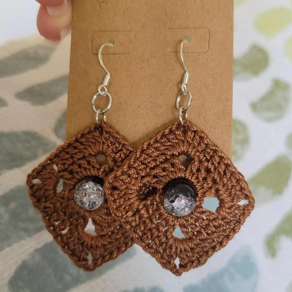 Handmade Square Crochet Dangling Earrings – Geometric Boho Cotton Jewelry (1.5'')