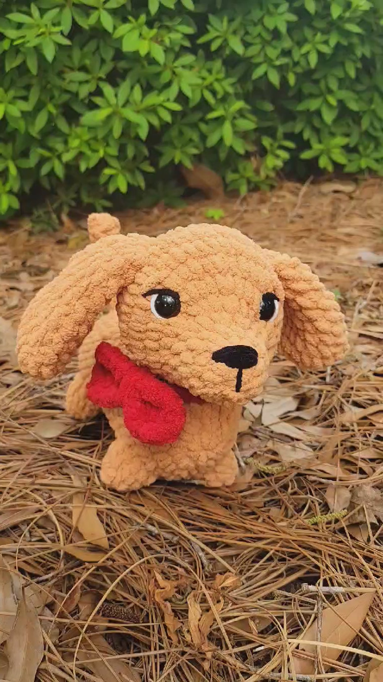 Caramel Crochet Dachshund Plush – Winnie Dog Stuffed Animal with Red Bow Collar