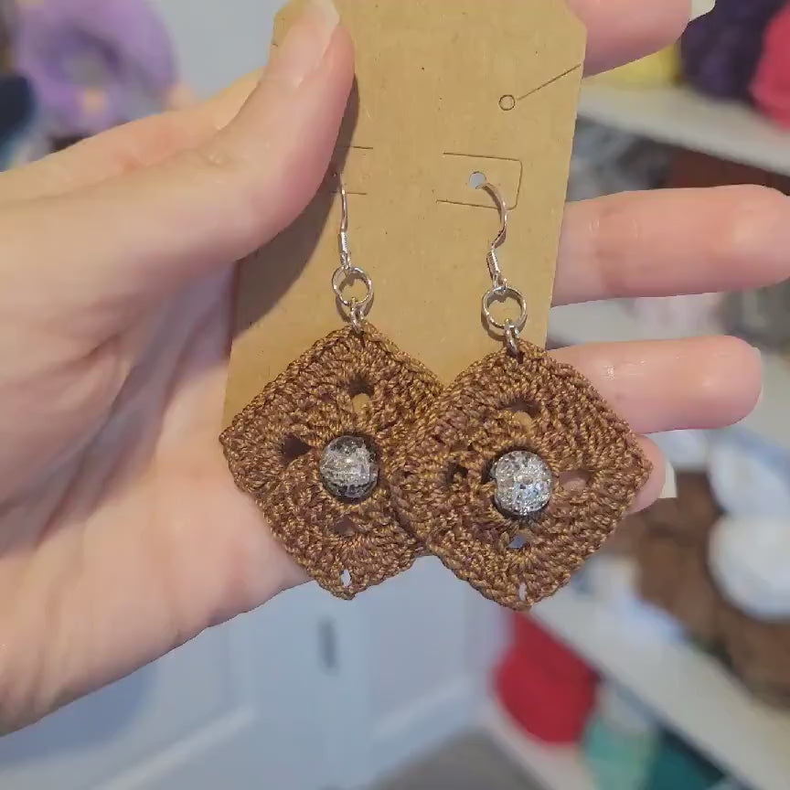 Handmade Square Crochet Dangling Earrings – Geometric Boho Cotton Jewelry (1.5'')